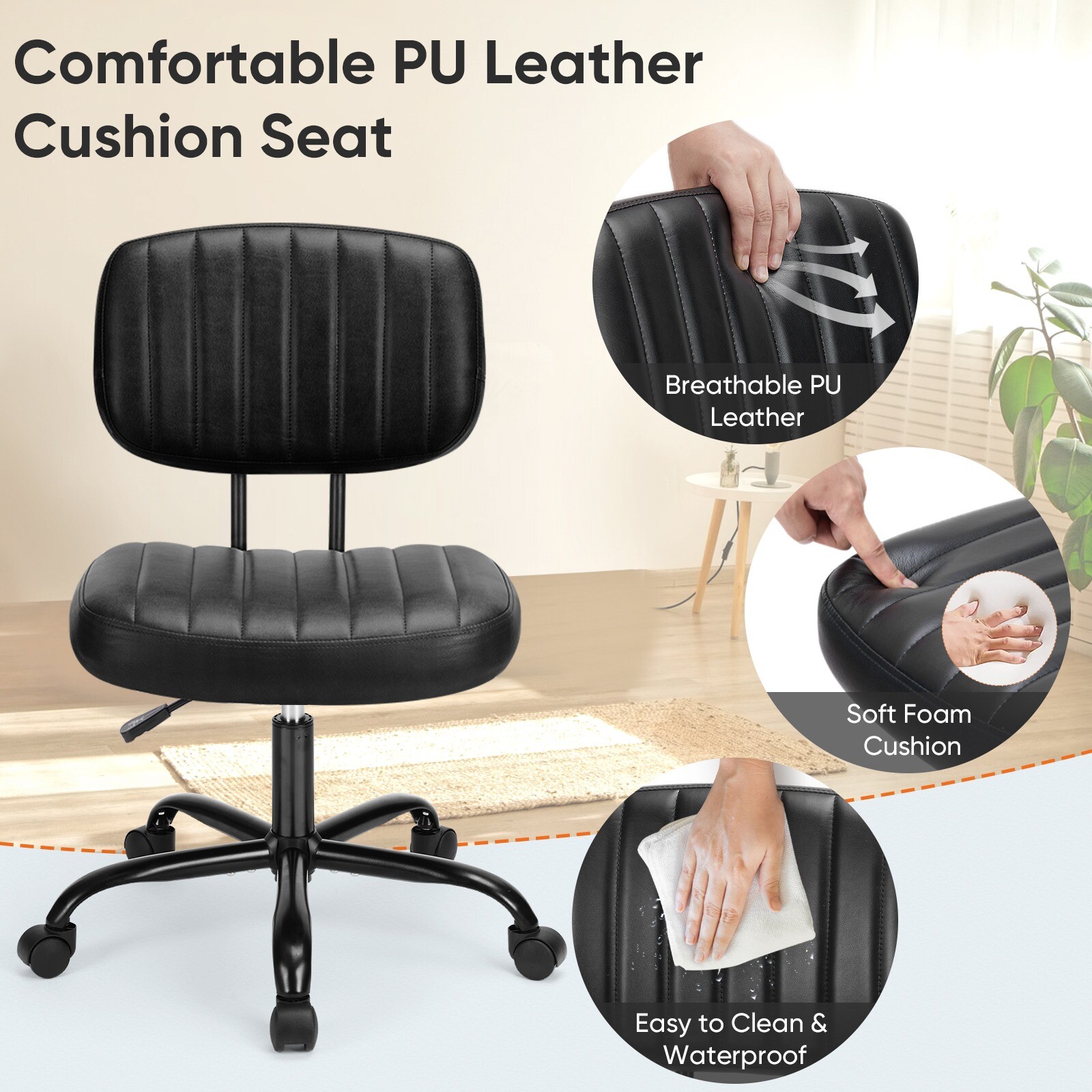 Low Back Armless Home/Office Chair Comfy PU Leather Swivel Task Chair w/ Wheels