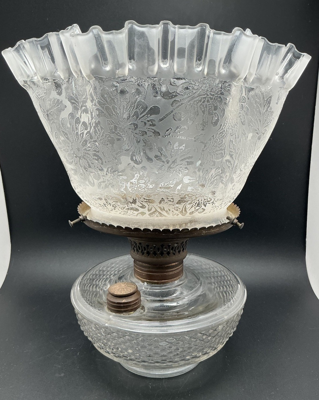 Antique Victorian Oil Lamp Frosted Crimped Shade Late 19th Century