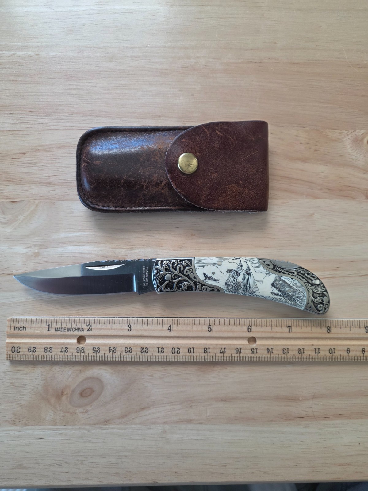 Sam McDowell custom engraved scrimshaw Whale watching collectors knife