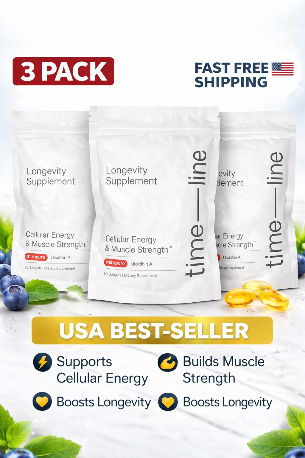 Time-Line Mitopure Urolithin A 60 Softgels {3} Pack Longevity  Exp 01/2028