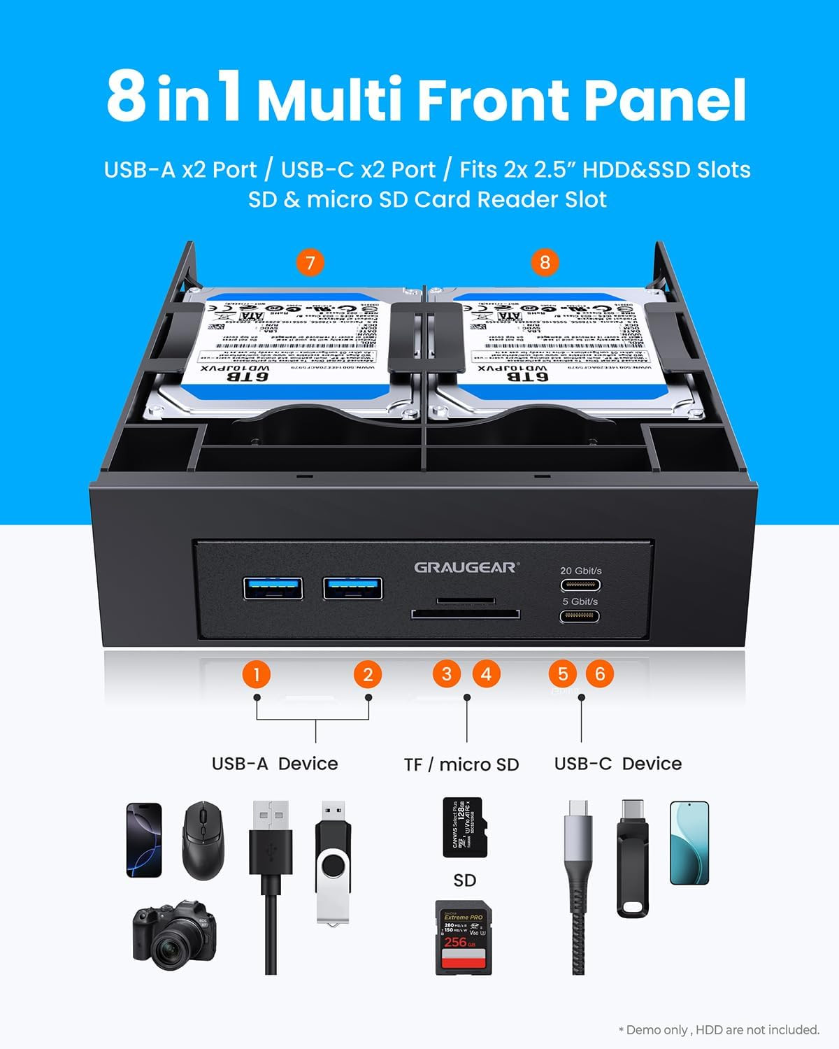 5.25” Front Panel USB Hub, Internal Sd/Microsd Card Reader for Desktop