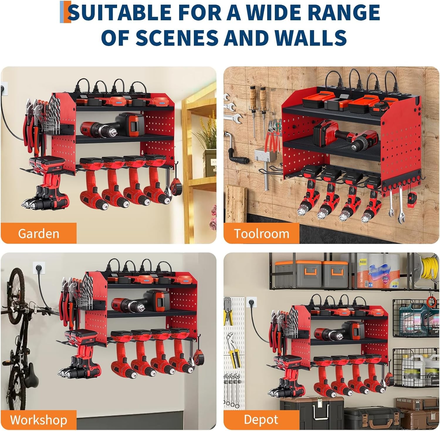 Power Tool Organizer Wall Mount 3-Layer Drill Storage Rack 4-Slot Drill Holders