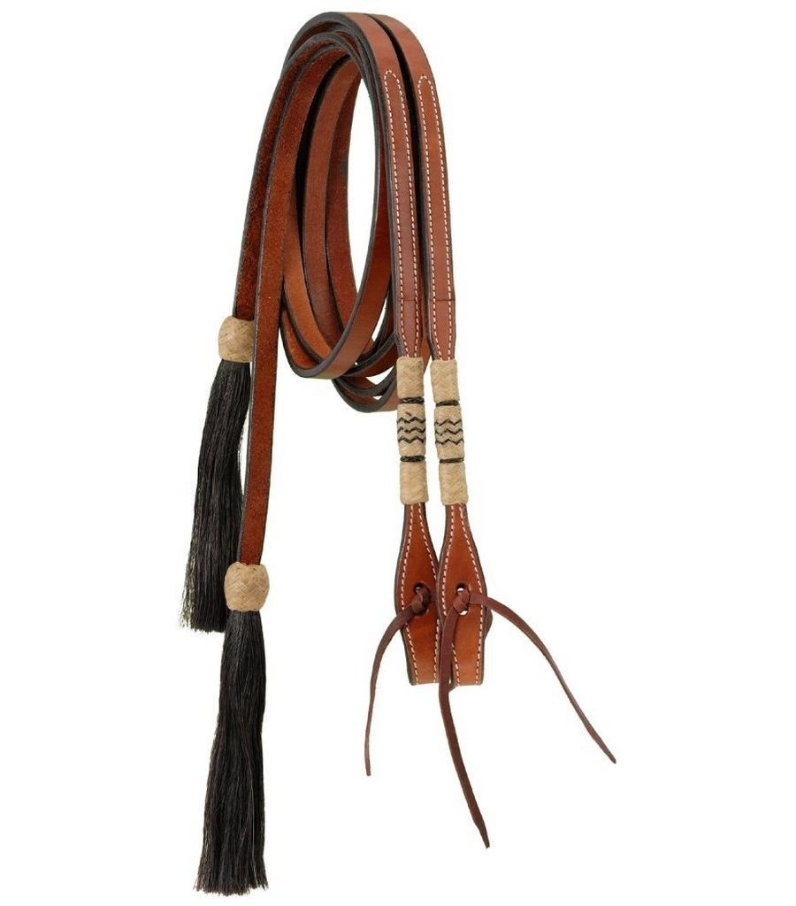 Tough 1 Reins Split Braided Rawhide Horsehair Tassels Med Oil 45-668