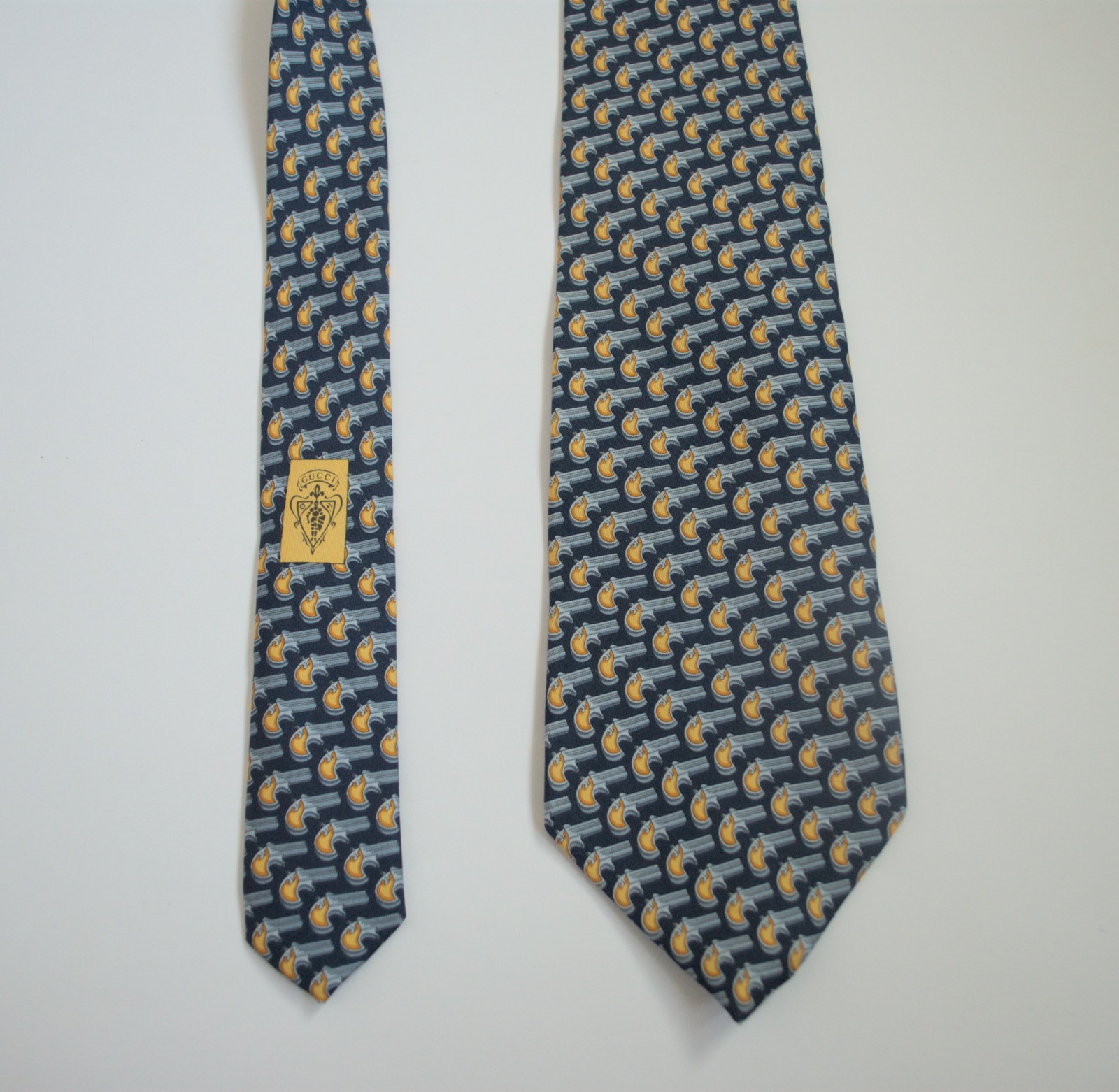 Gucci Navy Silk Tie With Revolver Gun Pattern