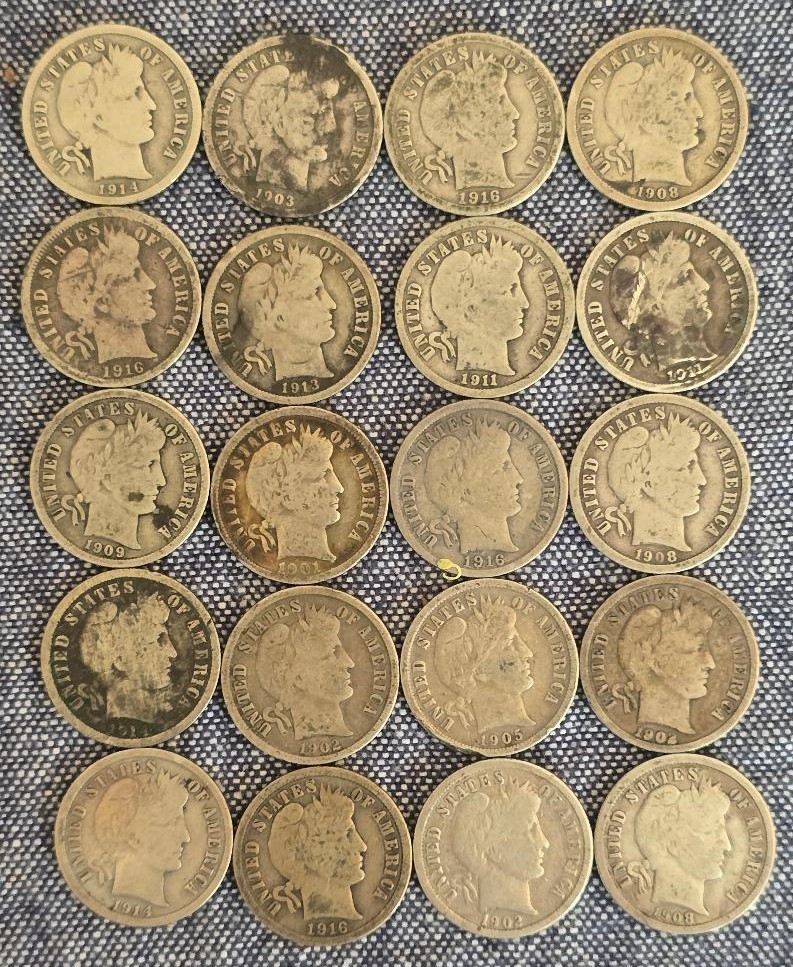 Barber Silver Dimes 10C Lot of 20 (0.9 Fine) mostly VG Mixed Dates - Lot 215