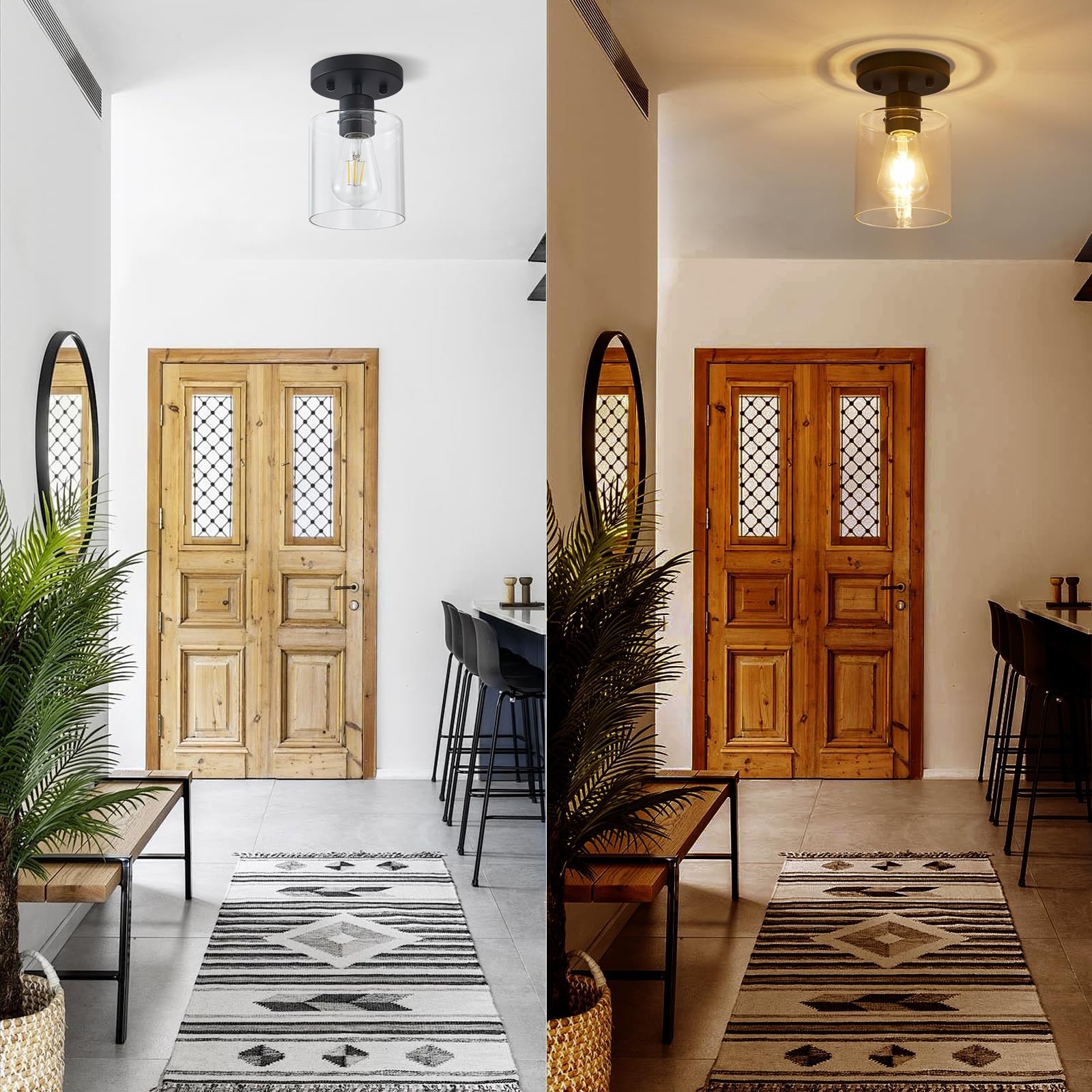 Black Semi Flush Mount Ceiling Light, 1-Light Ceiling Light Fixtures, Farmhou...