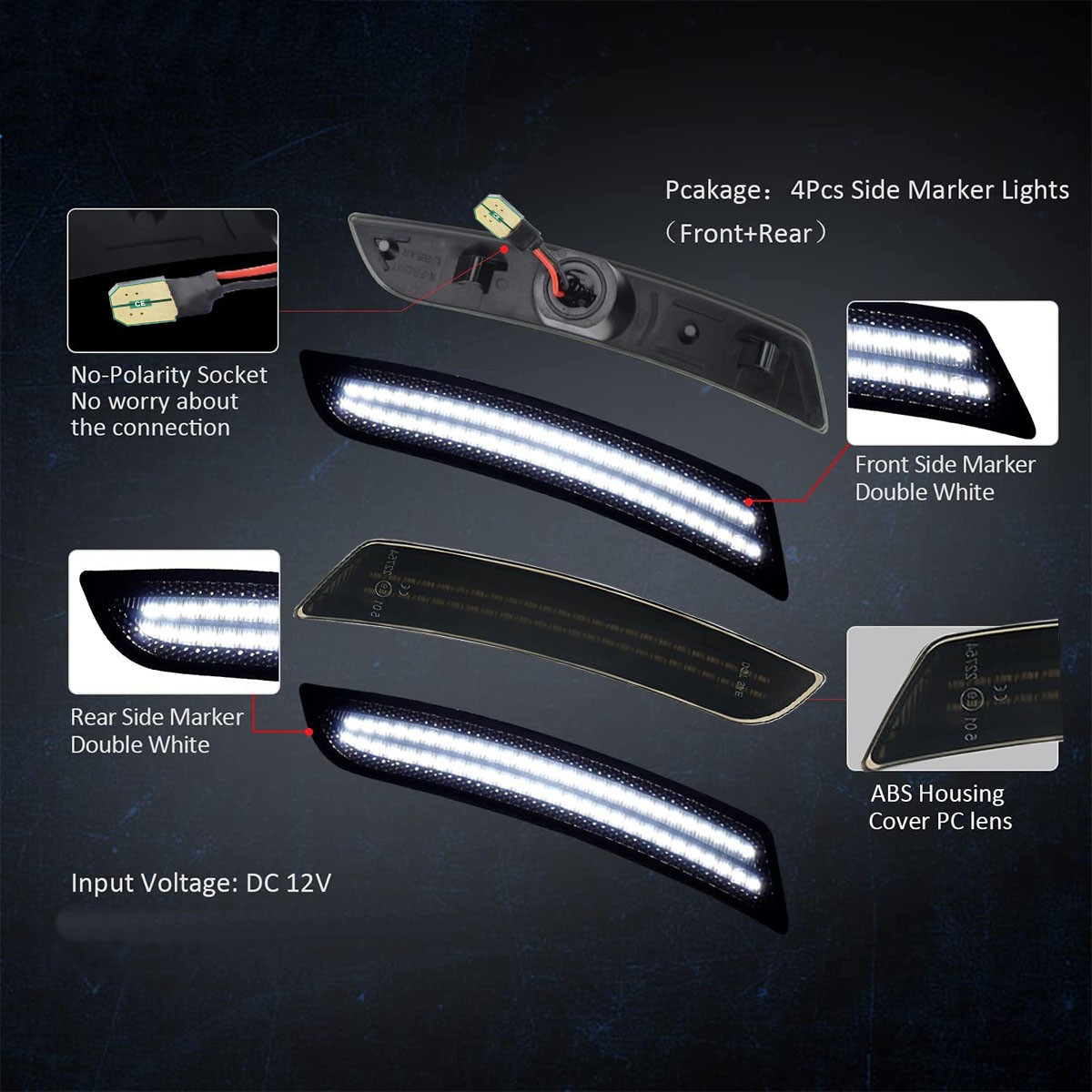 4X Dynamic White LED Side Marker Light Front Rear Set for Chevy Camaro 2016-2023