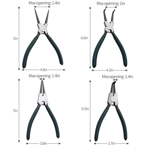 4-Piece 7" Snap Ring Pliers Set with 5/64" Tips for Retaining Rings