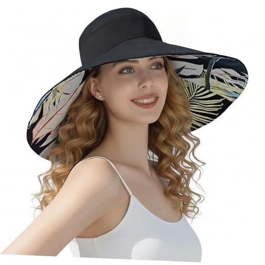 Women Wide Brim Sun Hat Reversible Bohemian Outdoor Bucket One Size M3017-black