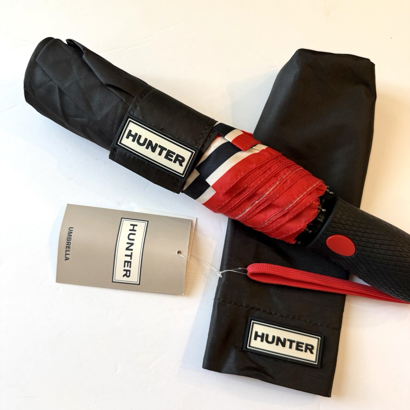 HUNTER UMBRELLA BLACK RED STRIPES WITH COVER 100% POLYESTER  NWT