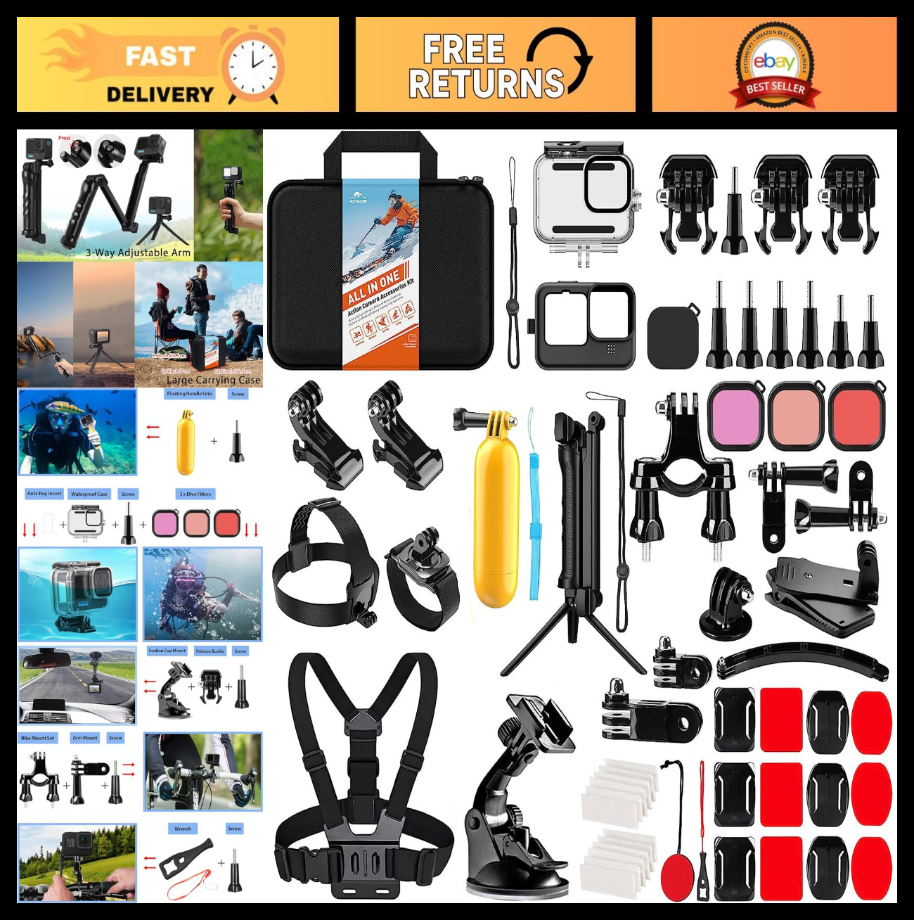Action Camera Accessories Kit for GoPro Hero 13 12 11 10 9 - Waterproof Housing,