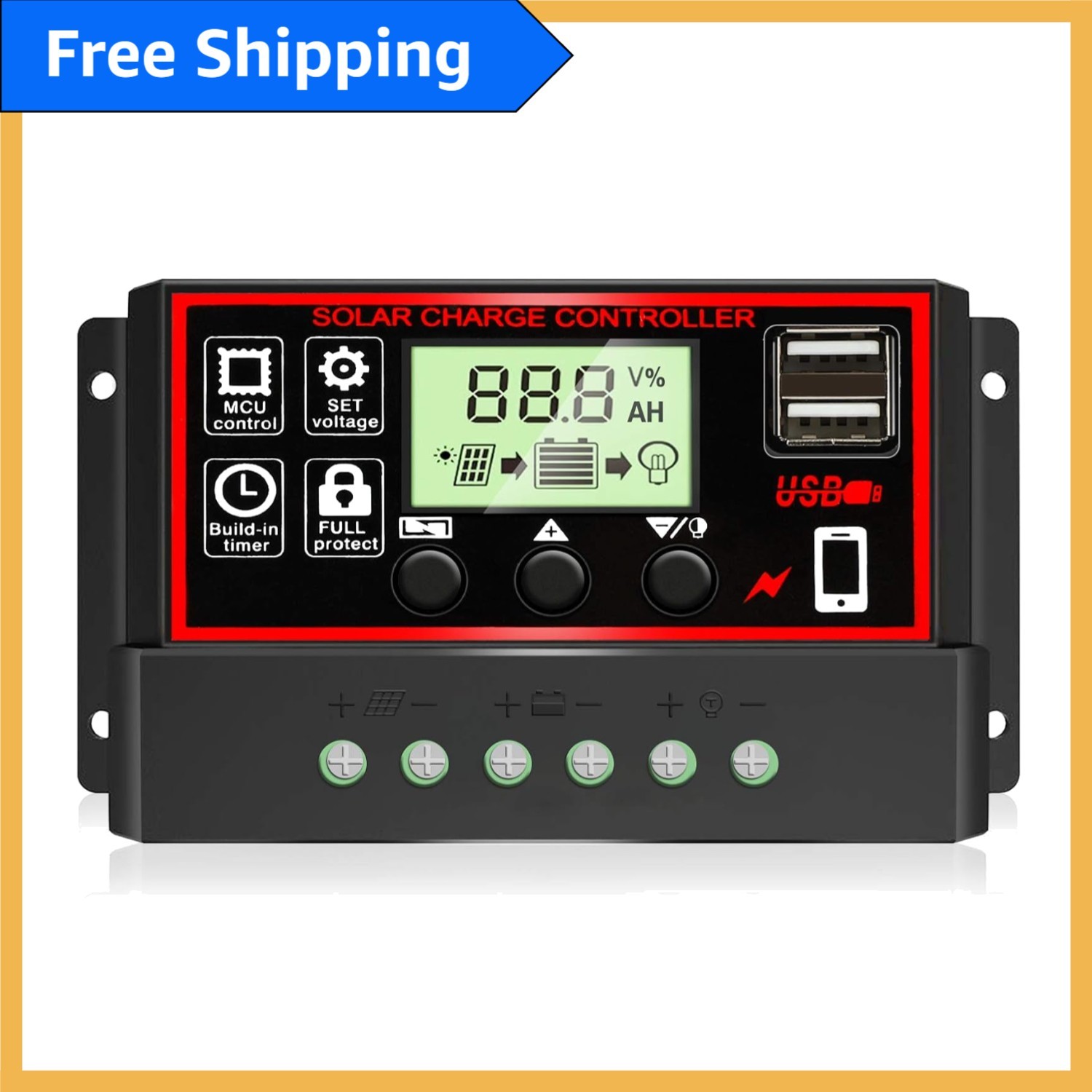 Intelligent 30A Solar Charge Controller with Dual Ports & LCD - Safe & Efficient