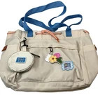 HONEY BEE Beige Blue Diaper Bag Tote Multi-Pocket Drawstring Closure with Pouch