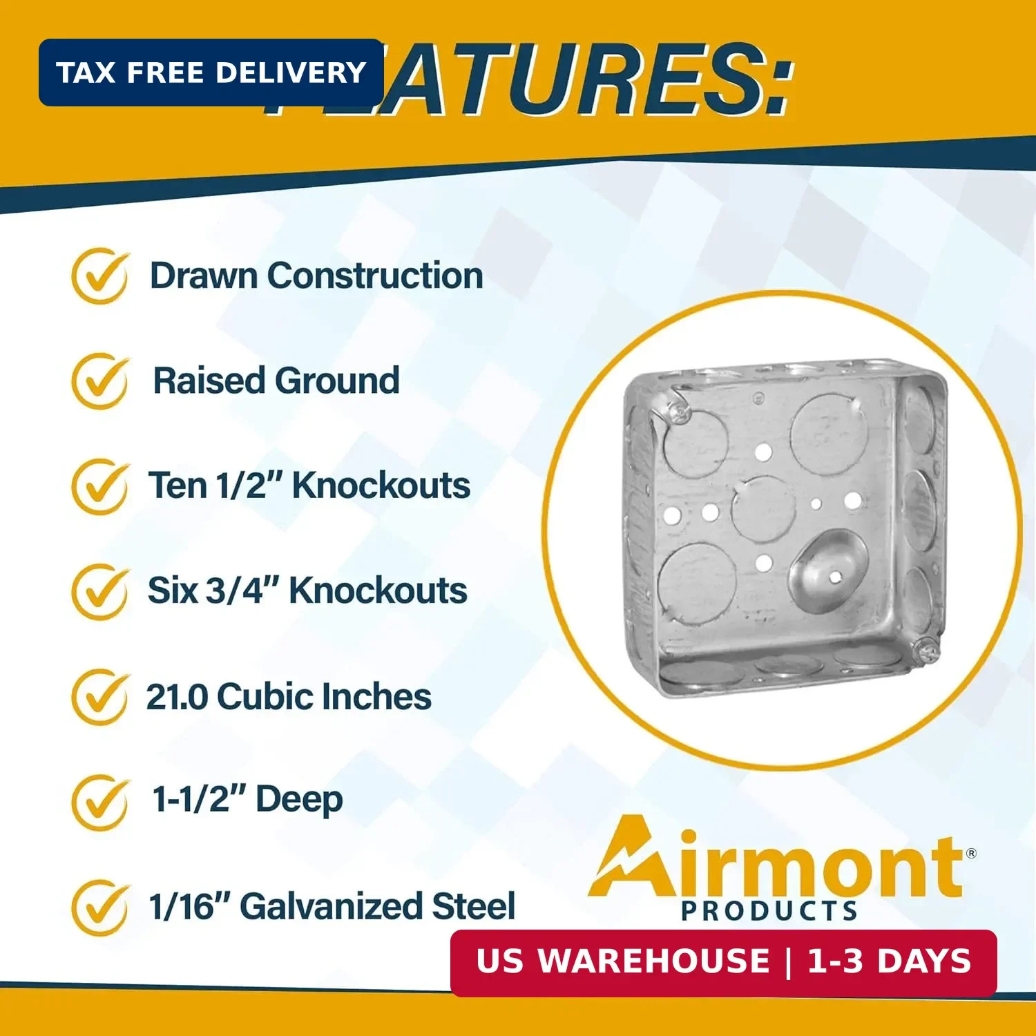 (4 Pack) 4'' Square Electrical Box, Drawn Construction, Ten 1/2'' and Six 3/4''