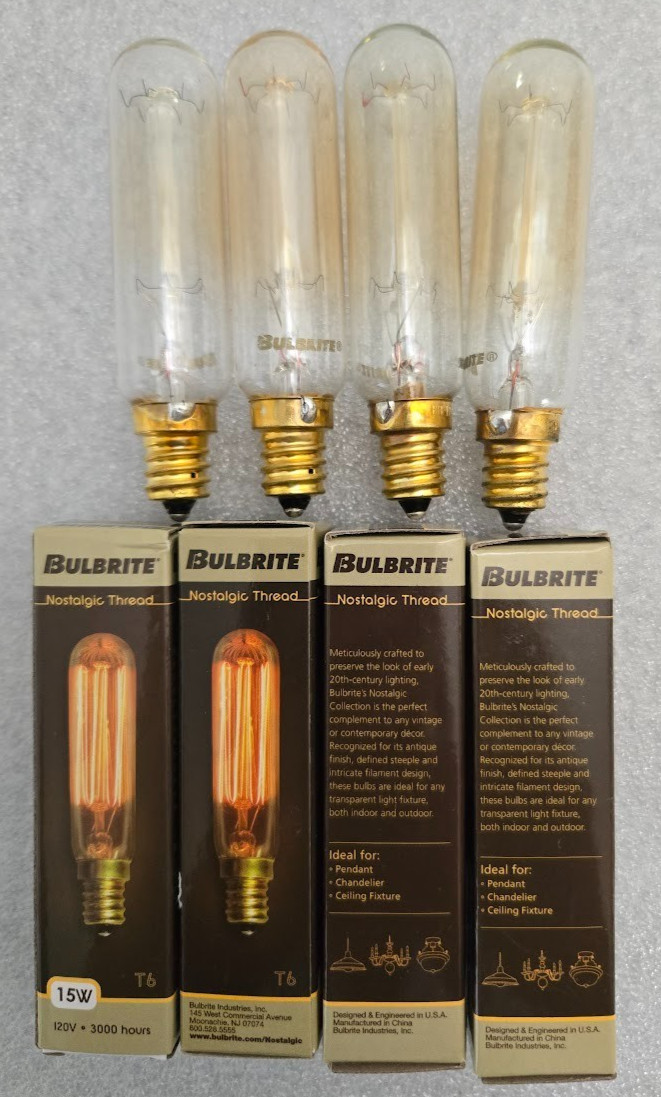 4-Bulbs Bulbrite Nostalgic Thread 15w T6 120v 3000 Hrs For Pendant,Chandelier,Ce