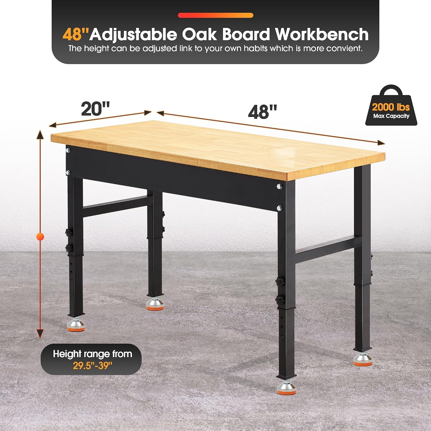 48 * 20" Adjustable Workbench 2000 LBS Load Capacity Heavy Duty Workstation