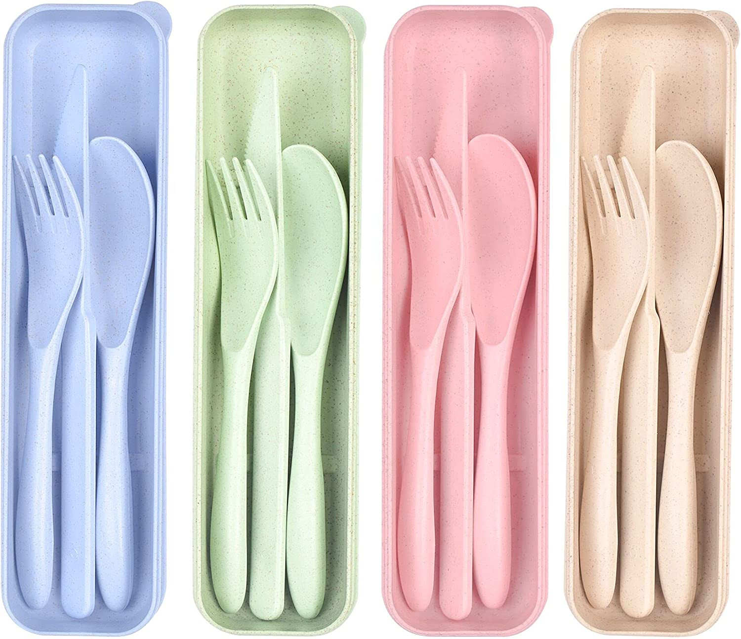 Travel Utensils Set with Case, 4 Sets Wheat Straw Reusable Spoon Knife Forks Tab