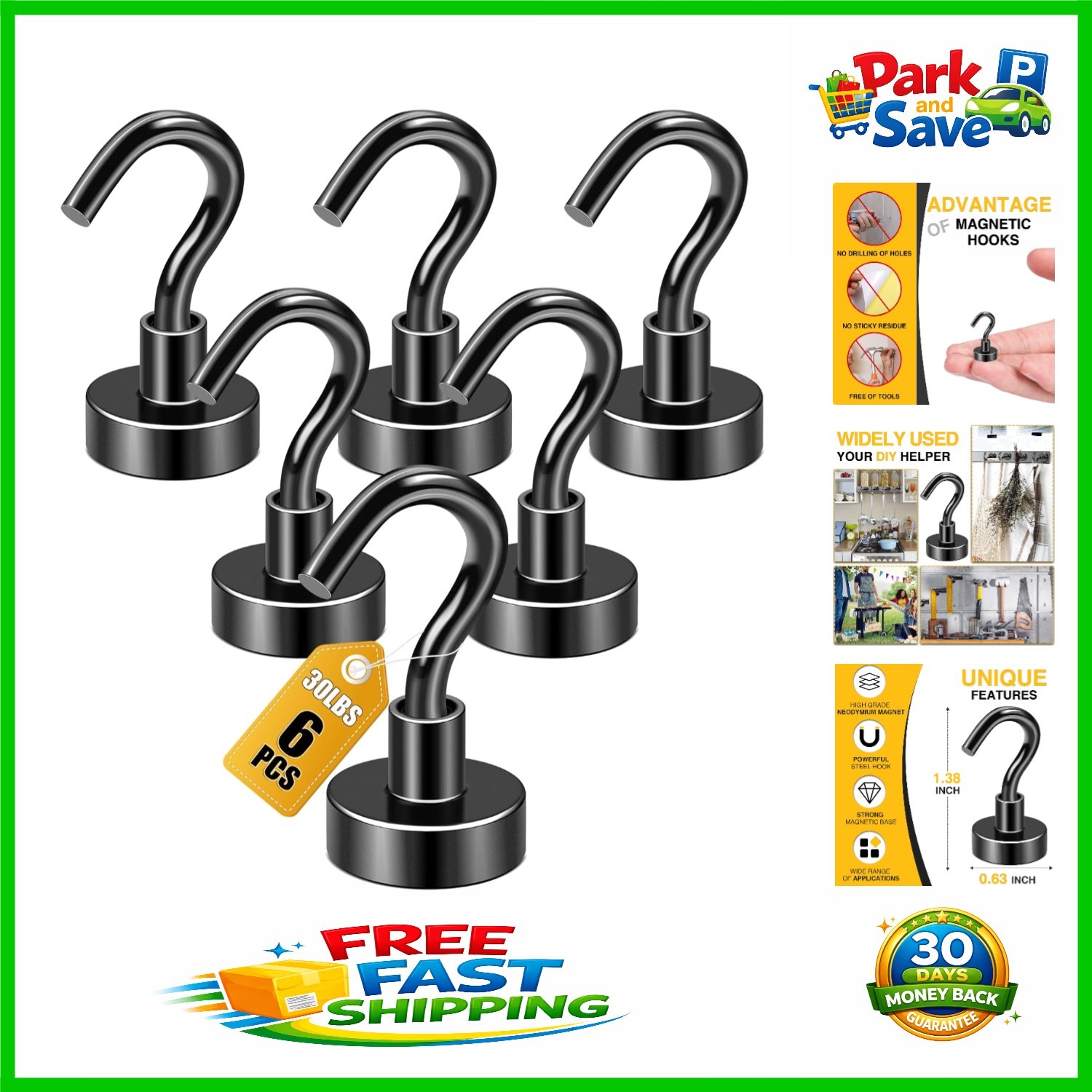 30lbs+ Heavy Duty Magnetic Hooks - 6 Pack Industrial Strength Organized Home