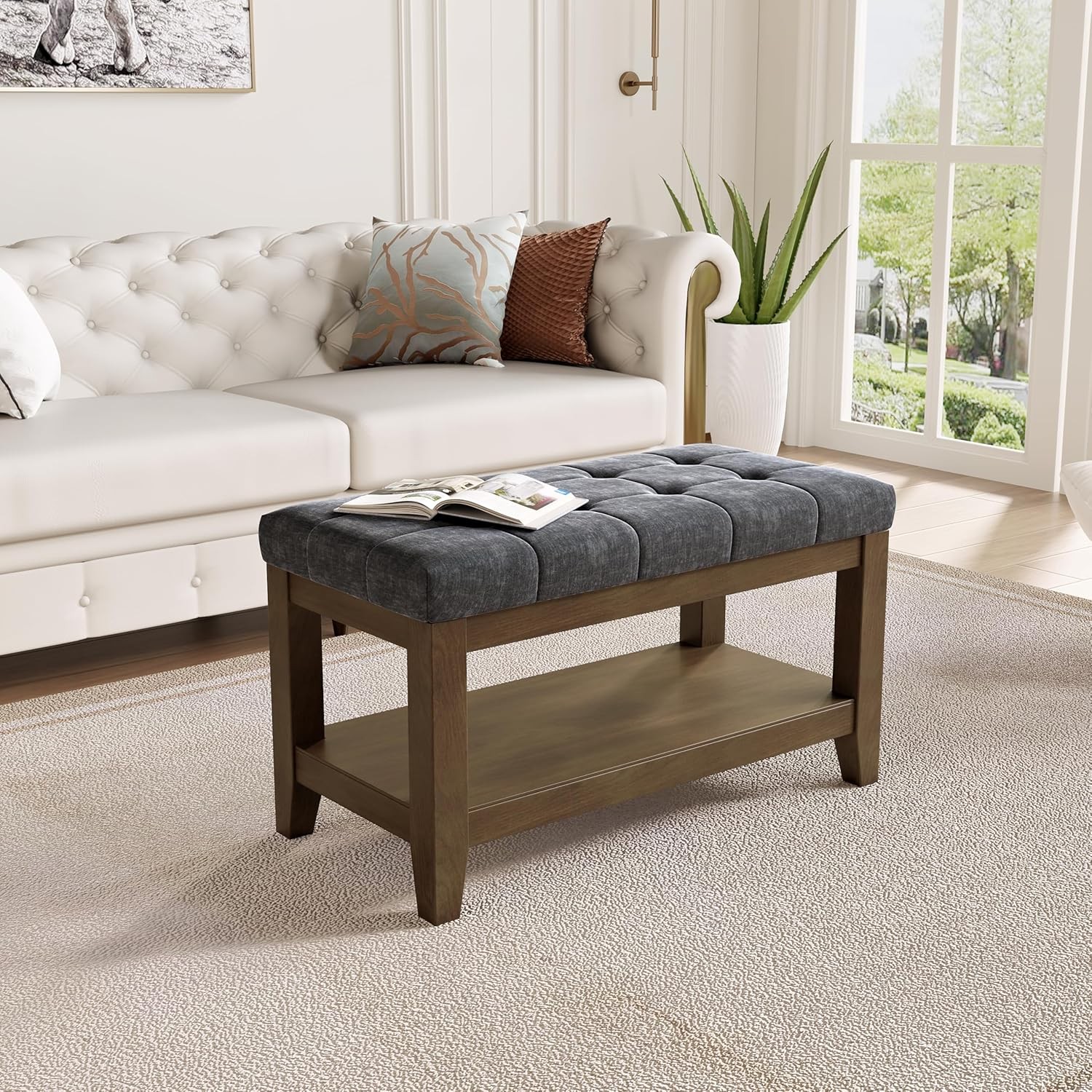 Solid Rubber Wood Shoe Bench Soft Chenille Material Upholstered Seat 770LB