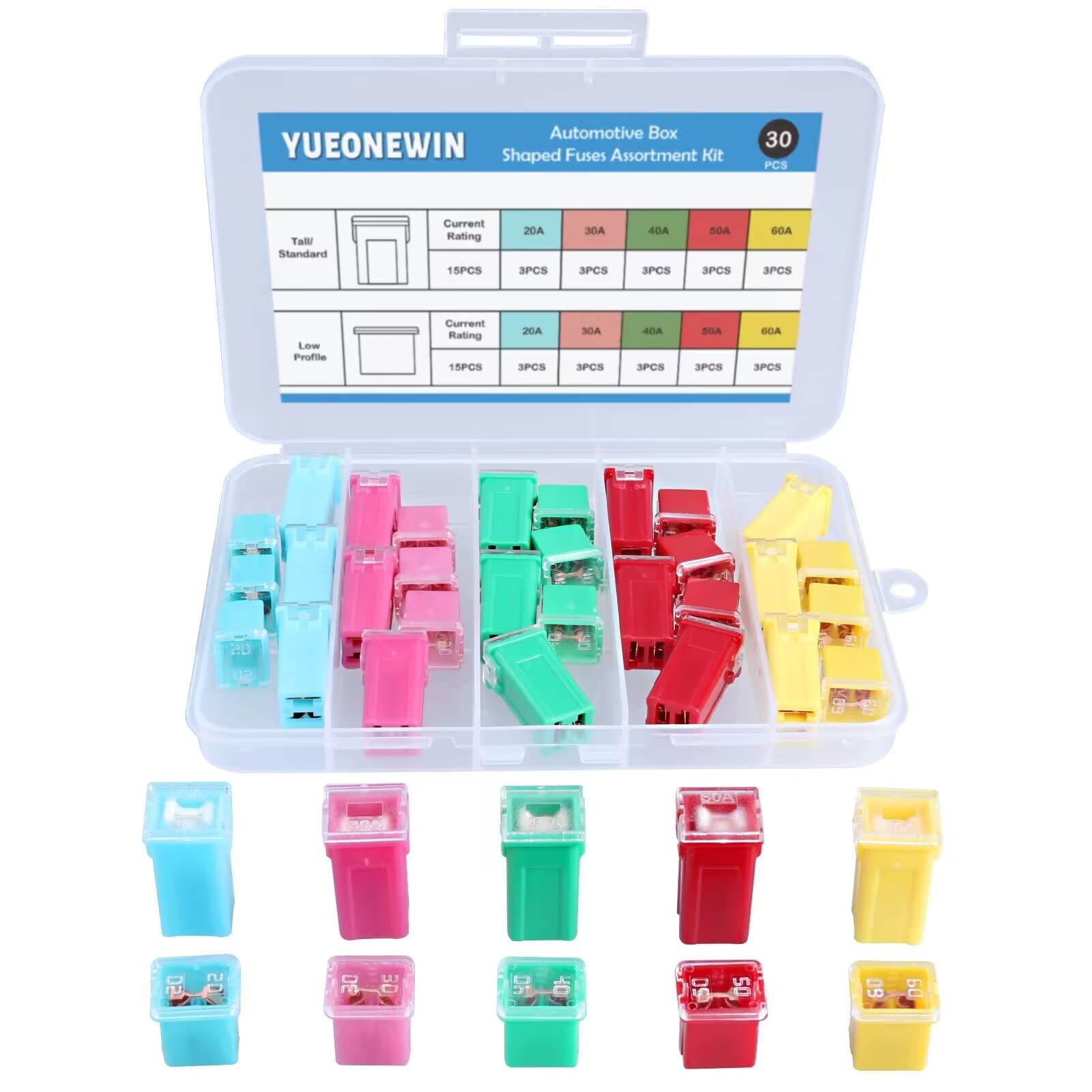 30pcs Jcase Car Fuse Assortment Kit, Tall/STD and Low Profile Multicolored