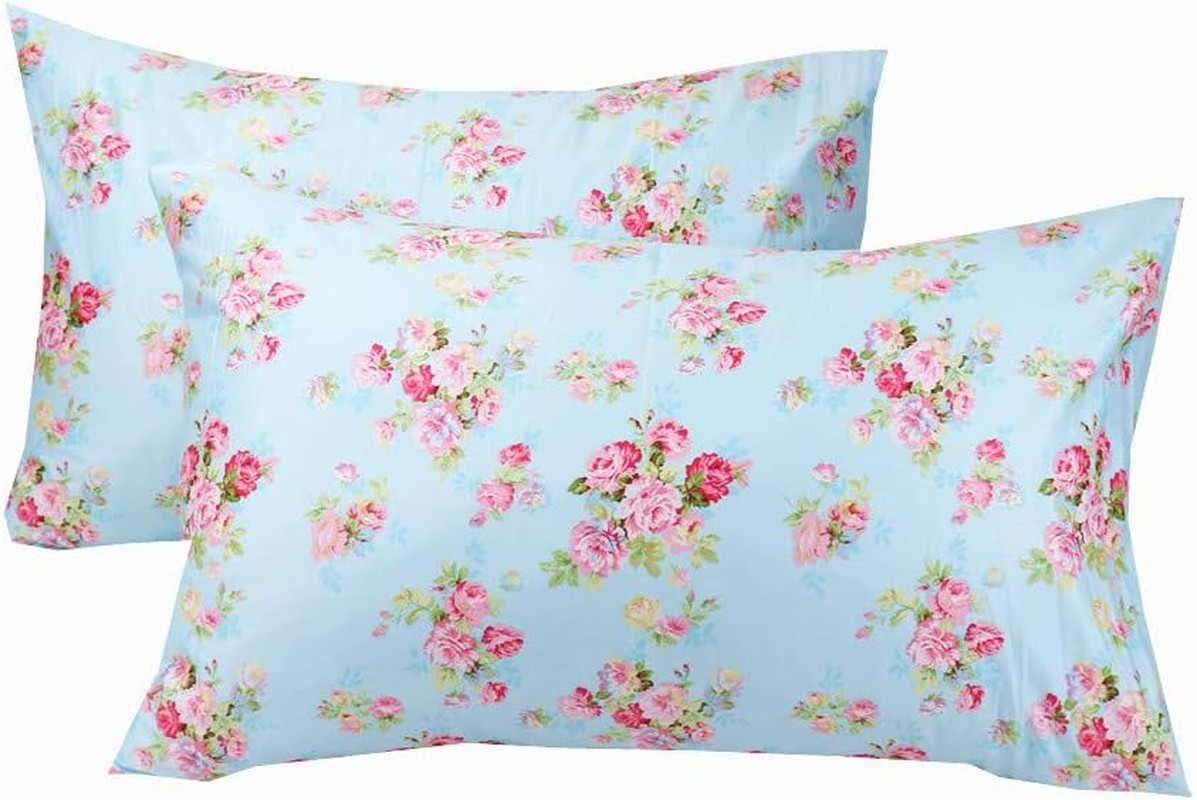 Cotton Pillow Cases Standard Size Set of 2, Flower Printed Queen Pillowcases, Pr