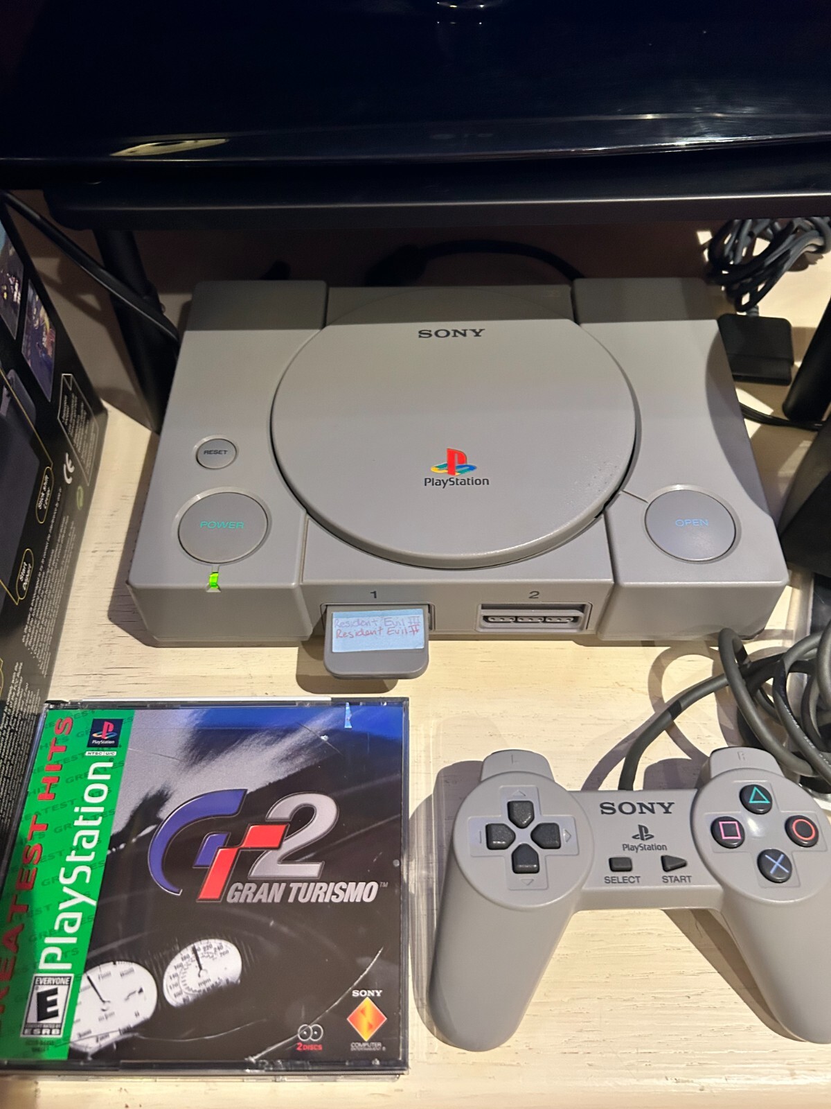 Sony Playstation PS1 Bundle w 2 Games, Controller, Memory Card, & Racing Wheel