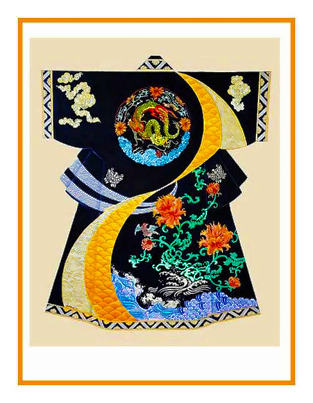 Japanese Black Gold Dragon Oriental Floral Kimono Counted Cross Stitch Pattern