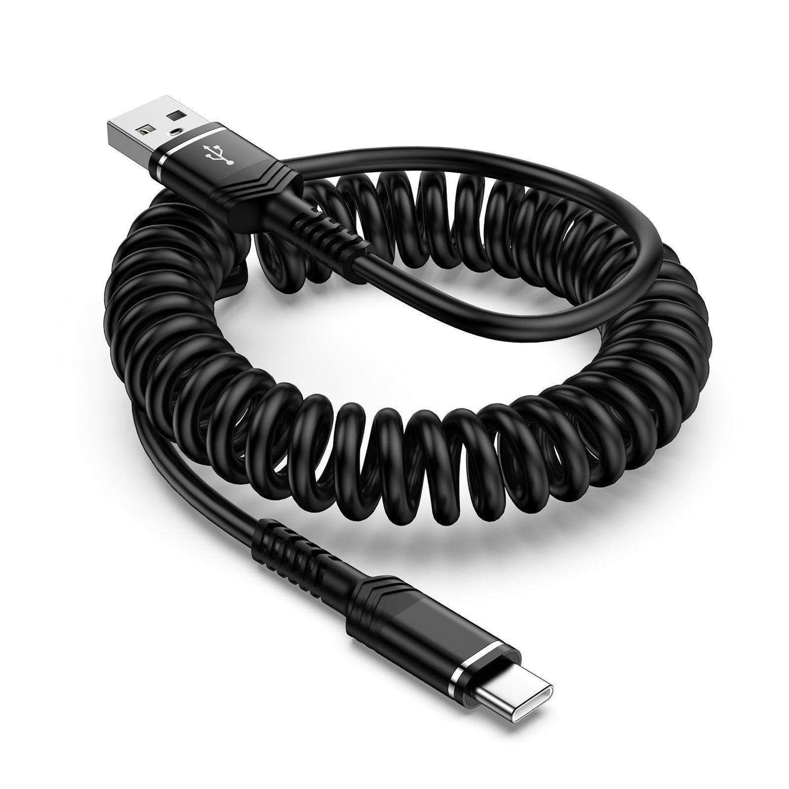 USB to C Coiled Cable Fast Charging 6FT, 6 feet (retractable), Black