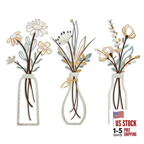 3 Pieces Metal Flowers Wall Art- Rustic Farmhouse Decor Minimalist Beige Gold