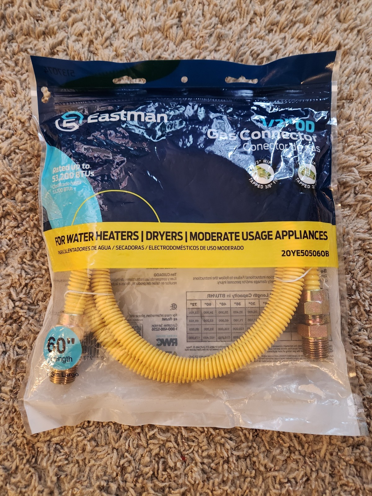 Eastman 60in 1/2in Mip Inlet X1/2in Mip Outlet Stainless Steel Gas Connector