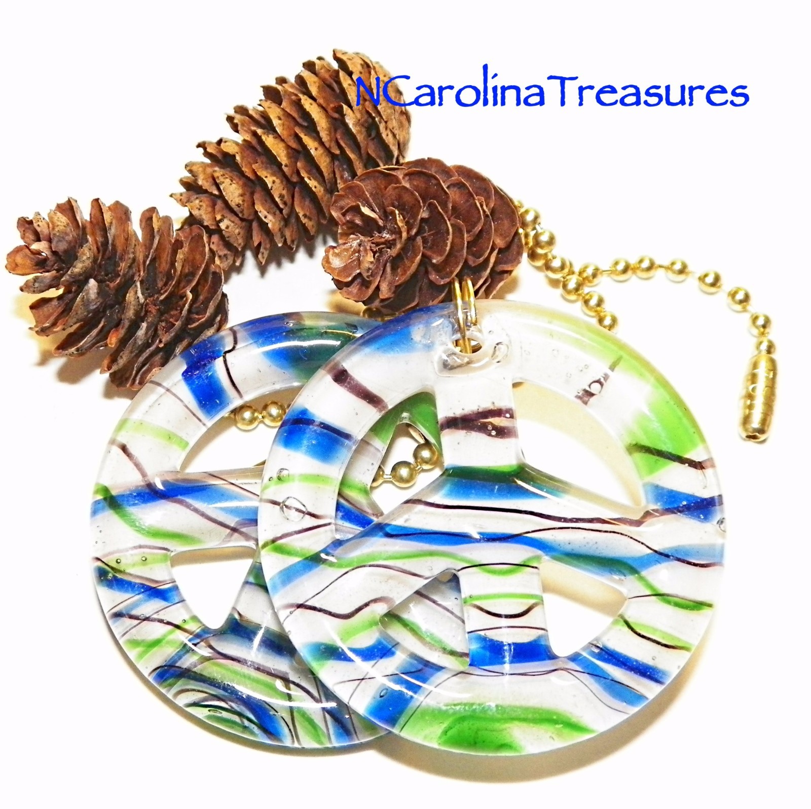 BLUE GREEN WHITE ART GLASS CEILING FAN SWITCH PULL PEACE SIGN SYMBOL LARGE PAIR