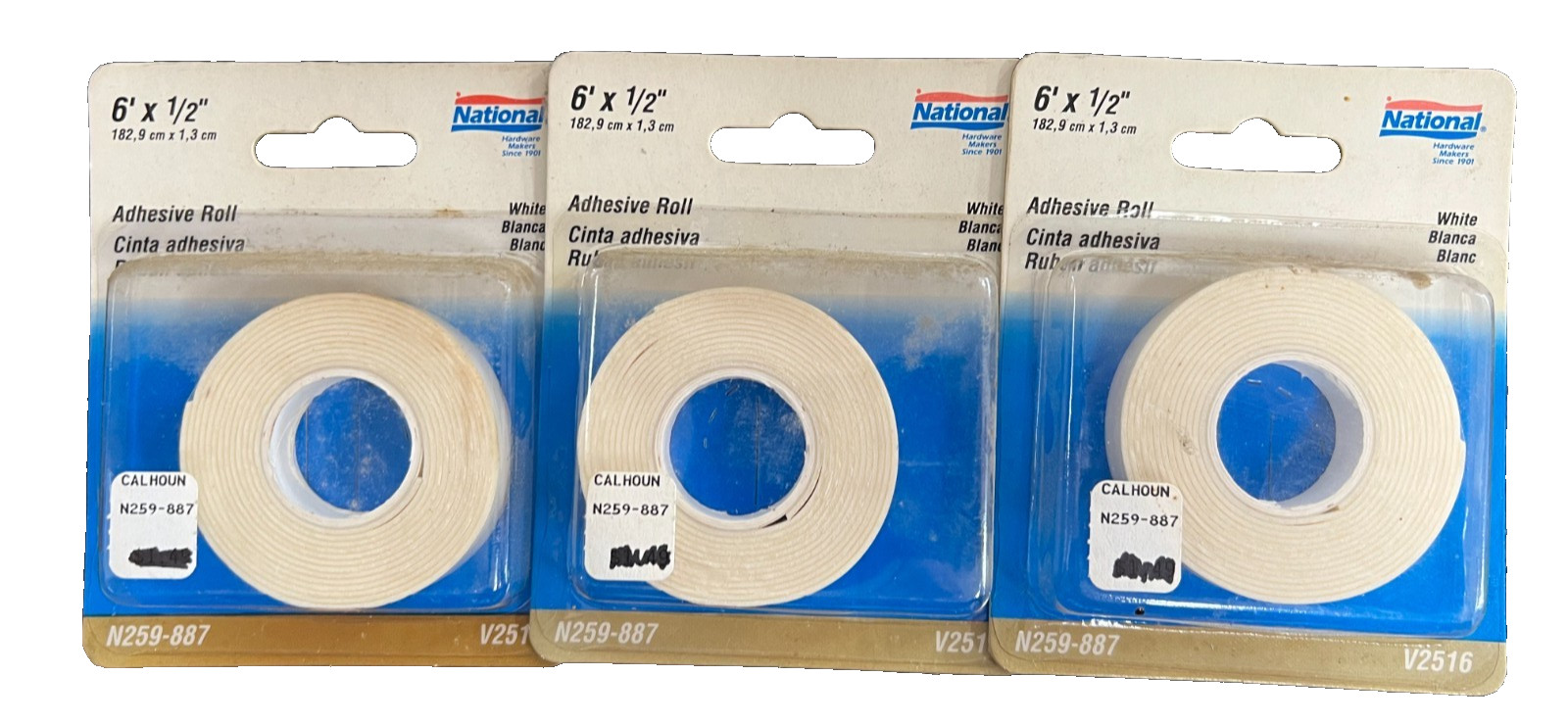 3-pack lot National Hardware N259-887 Foam Mounting 2-sided tape Roll 1/2"x72"