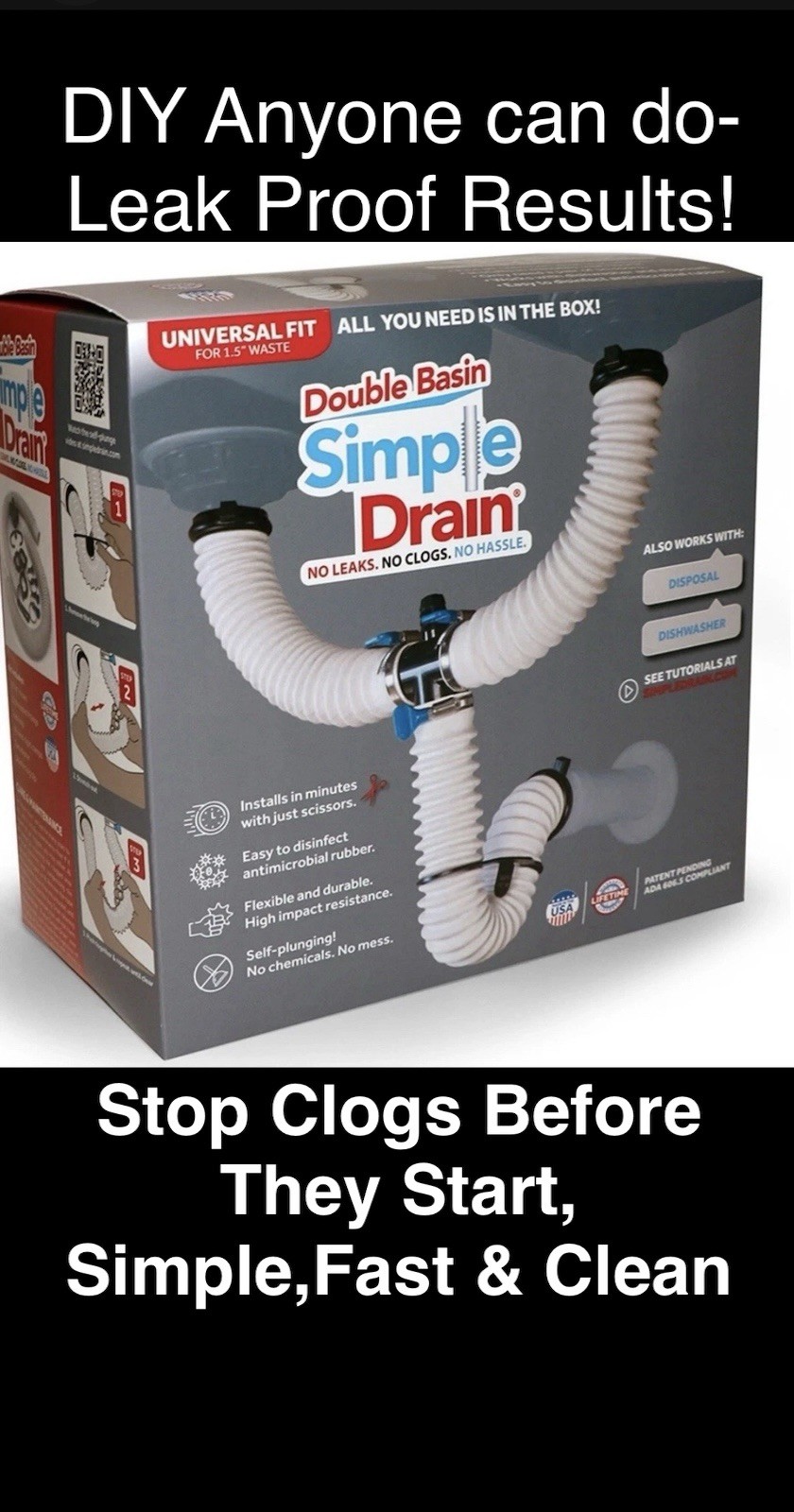 Double Basin Simple Drain Kit Flexible Sink Pipe Hose Universal 1.5” Fit NEW