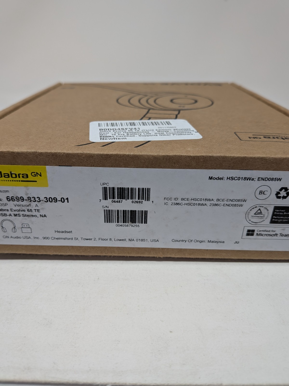 Jabra Evolve 65 TE Stereo Wireless Headset USB-A MS Stereo (6699-833-309-01)