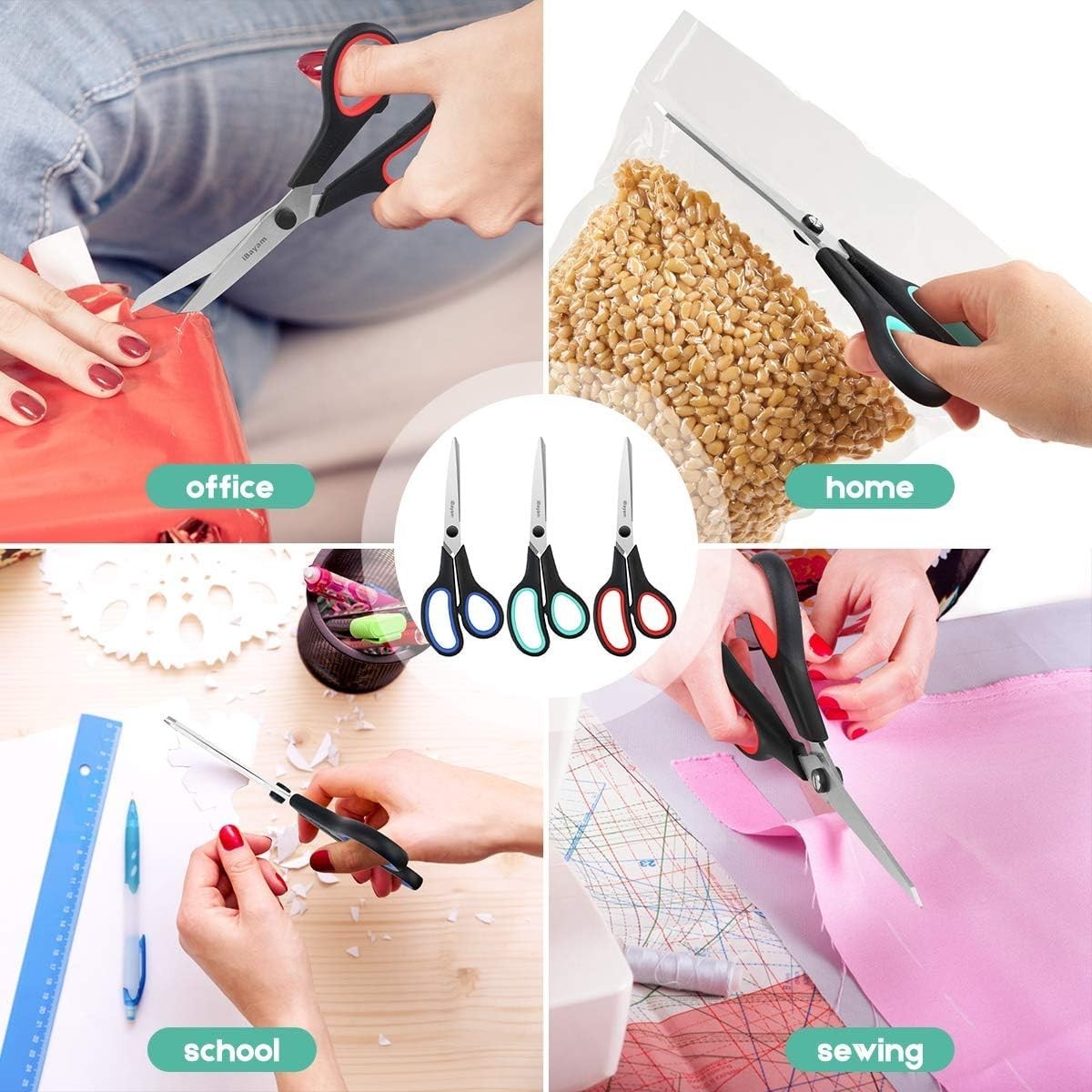 3-Pack 8" Heavy Duty Scissors with Ultra Sharp Blades and Comfort Grip Handle...