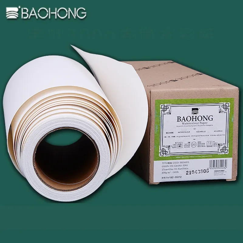 BAOHONG Watercolor Paper Roll 300g Natural White 100% Cotton 10.6/14.6in*394in (