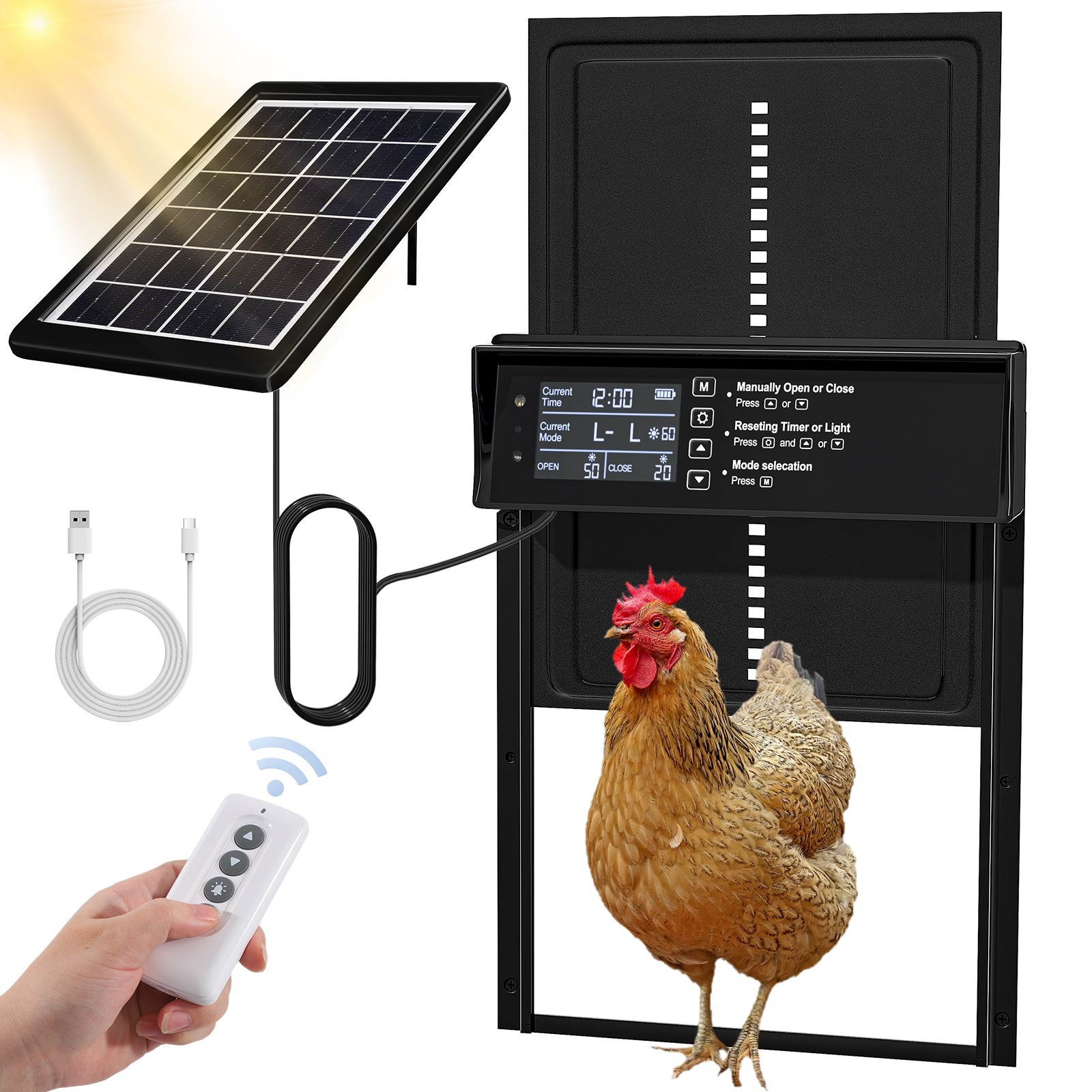 Solar Automatic Chicken Coop Door Poultry Gate Timer & Light Sensor & Anti-Pinch