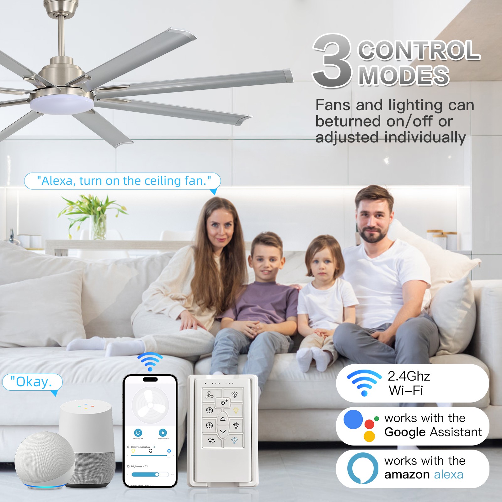 84'' Industrial Smart Ceiling Fan w/ Light and Remote Work with APP Alexa Google