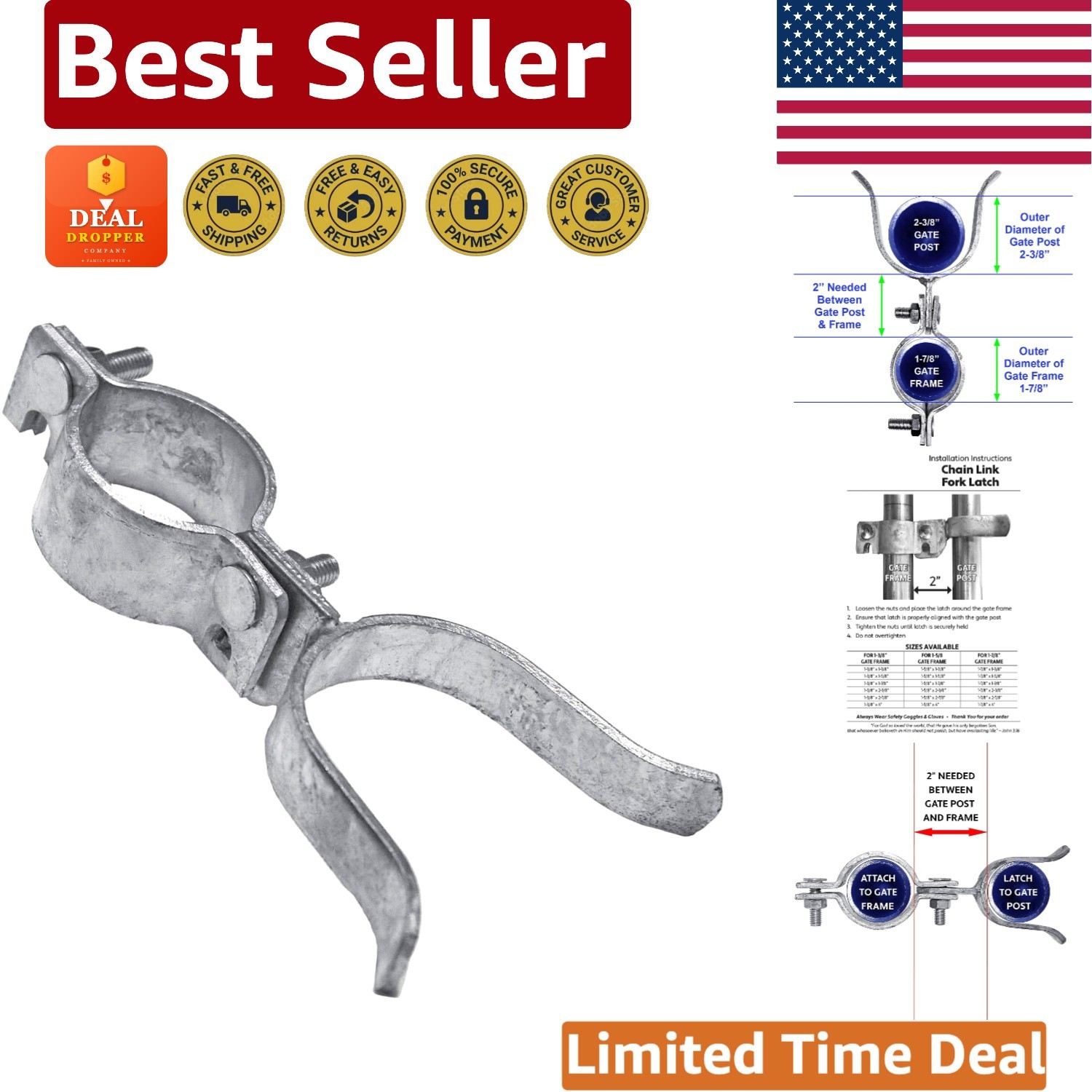 Durable 1-7/8" x 2-3/8" Fence Gate Latch in Galvanized Steel - Secure & Reliable