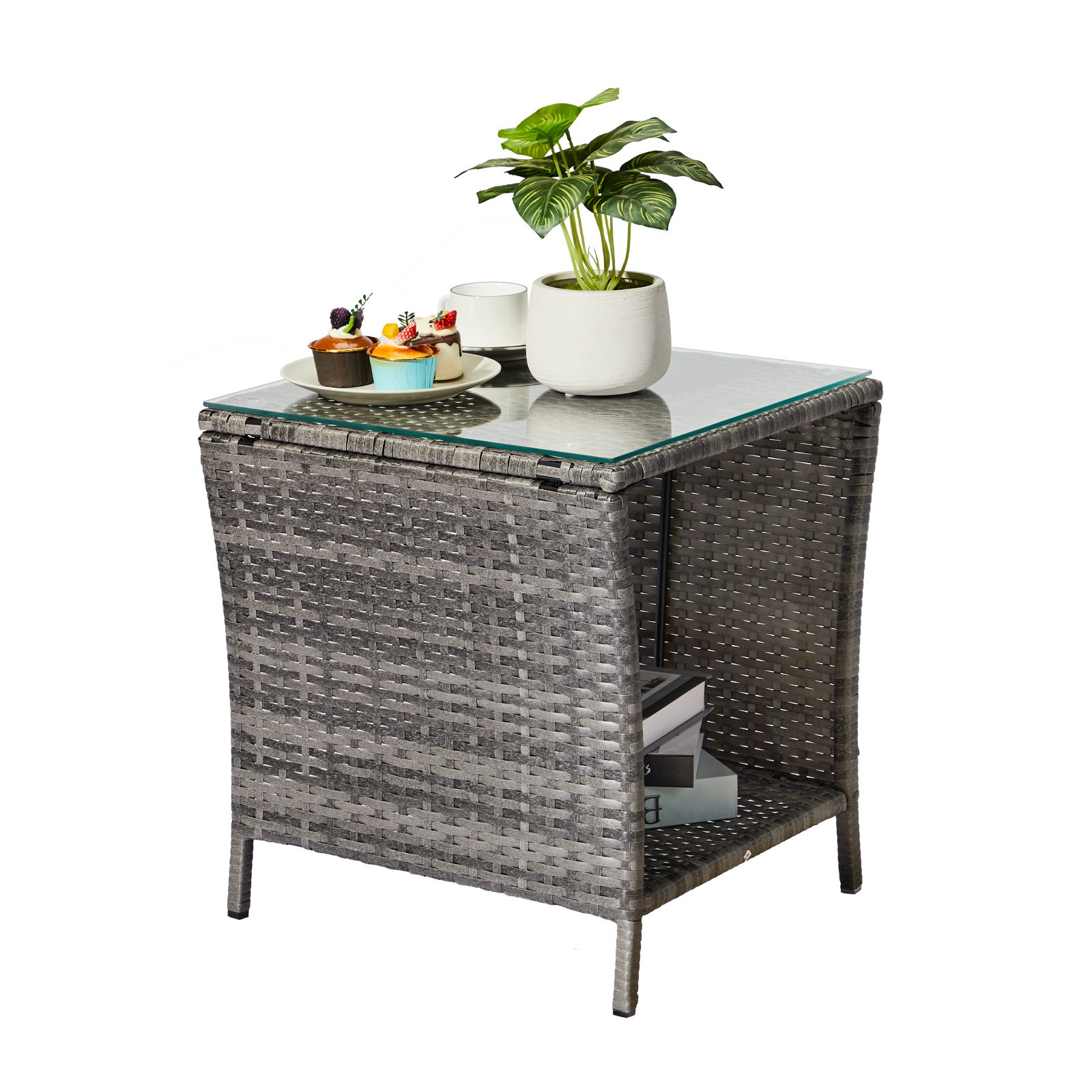 Wicker Side Table, Square End Table Bistro Coffee Table with Glass Top