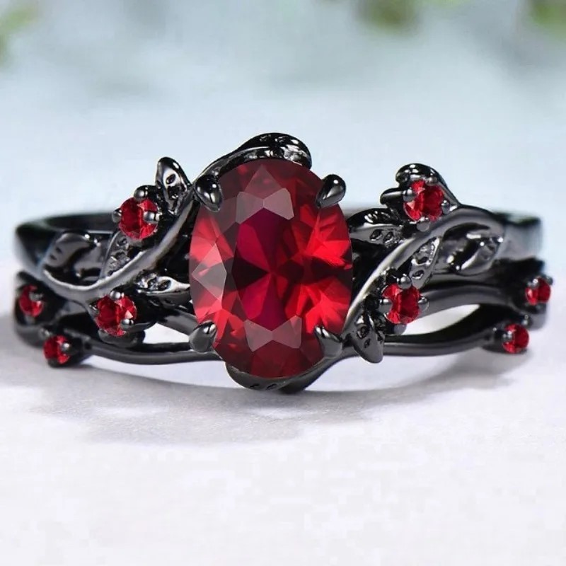 Stainless Steel Red Garnet CZ Black Gothic Wedding Ring Women Beautiful Fashion