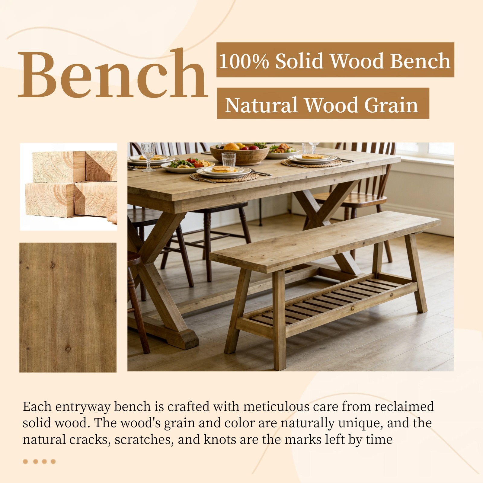 43" Rustic Farmhouse Bench with 2-Tier Open Storage Shelf