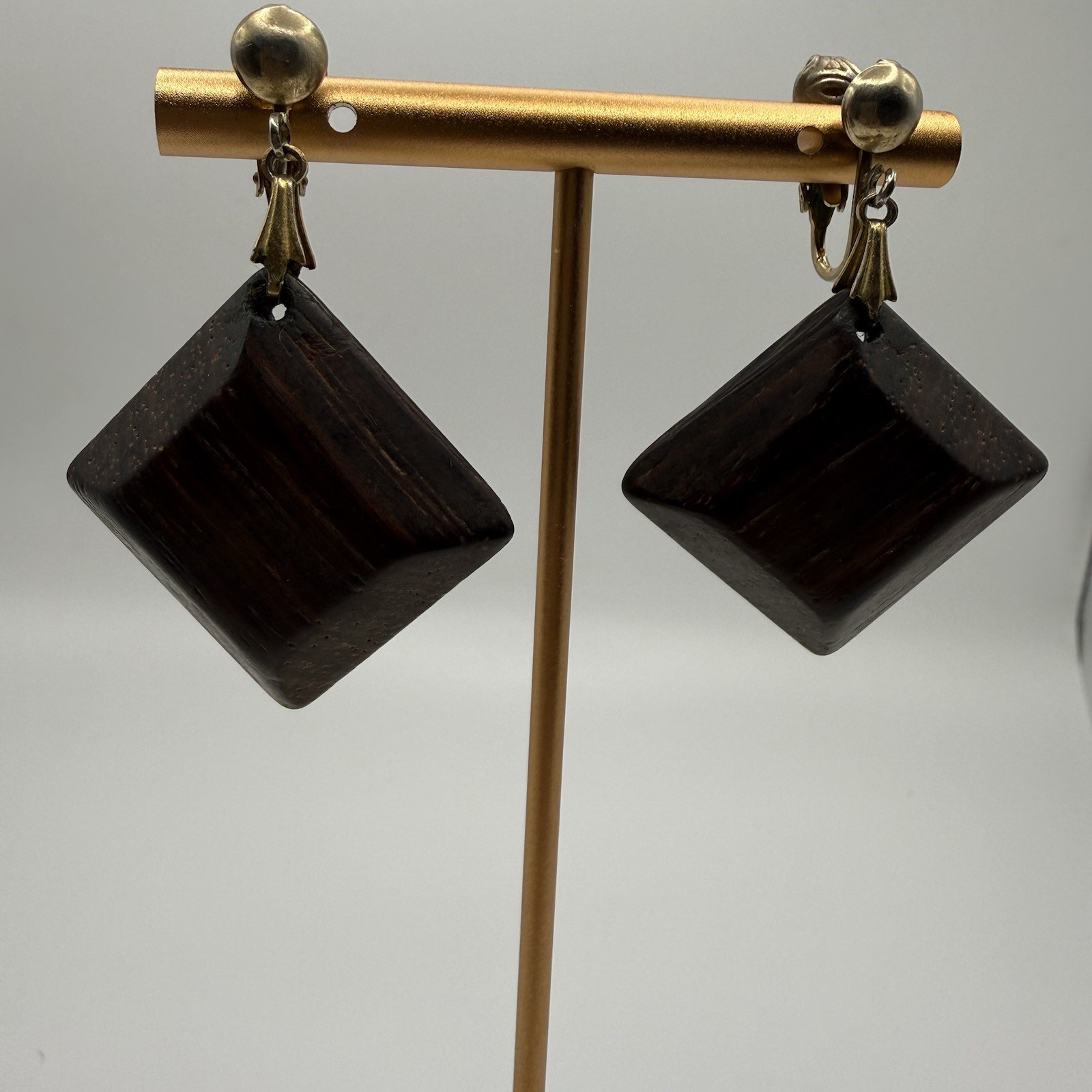 Vintage Dark Wood Diamond Clip-On Earrings Geometric Boho Statement