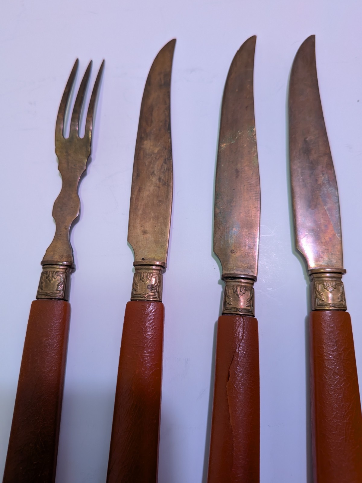 Vintage Red And Brass Fork And Knife Set 6 Ct