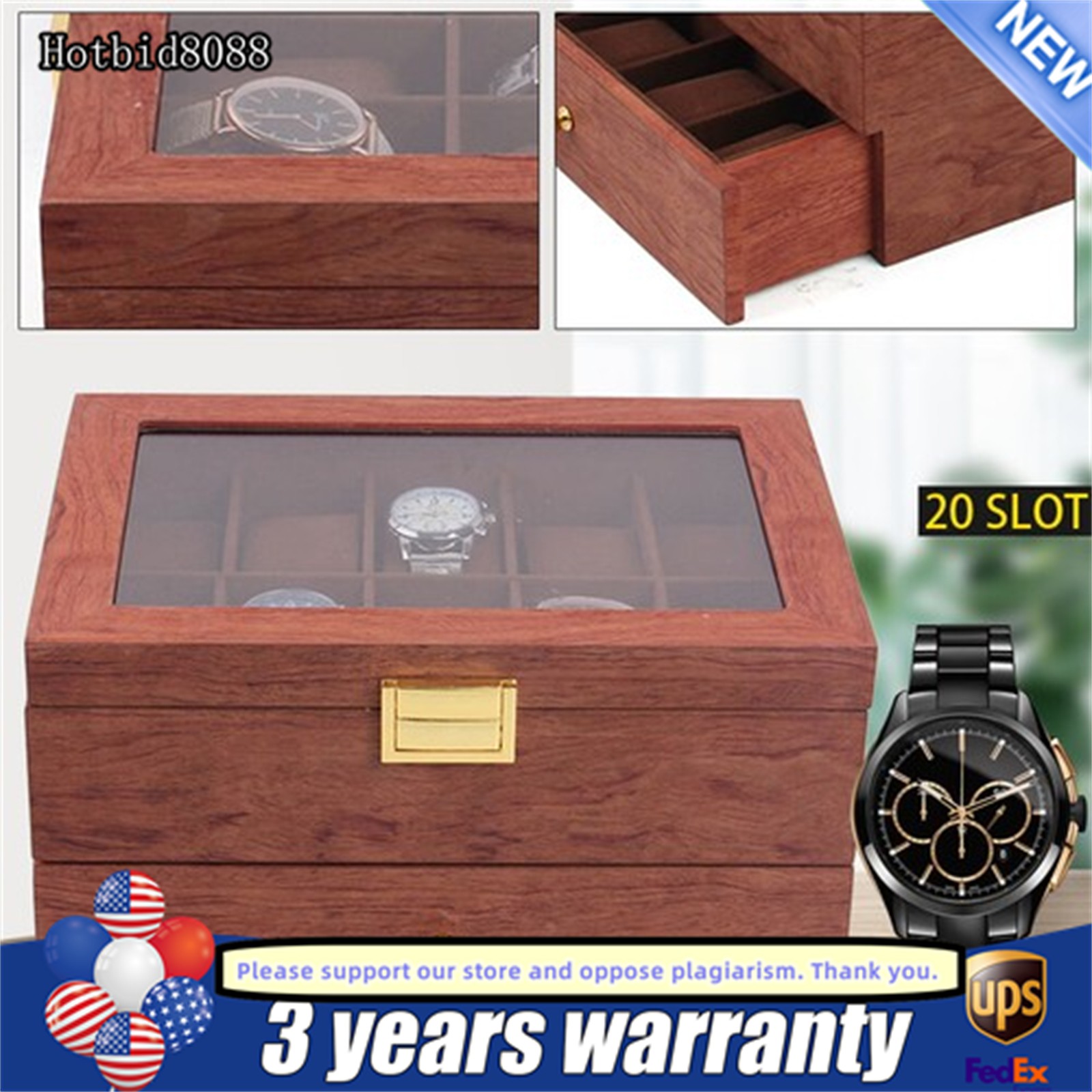 20-Slot Rosewood Watch Case Keep Display Tray Case Jewelry Storage Organizer Box