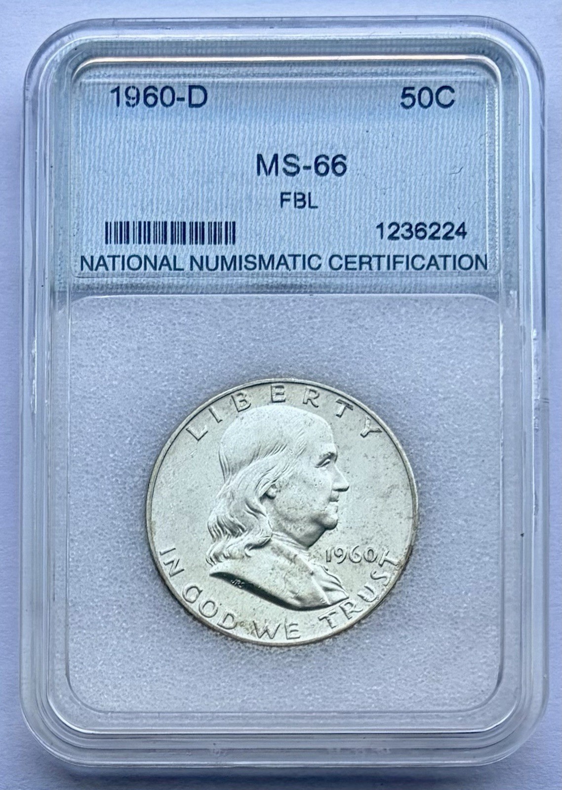 1960-D 50C Franklin Silver Half Dollar 50c Coin Graded MS66FBL