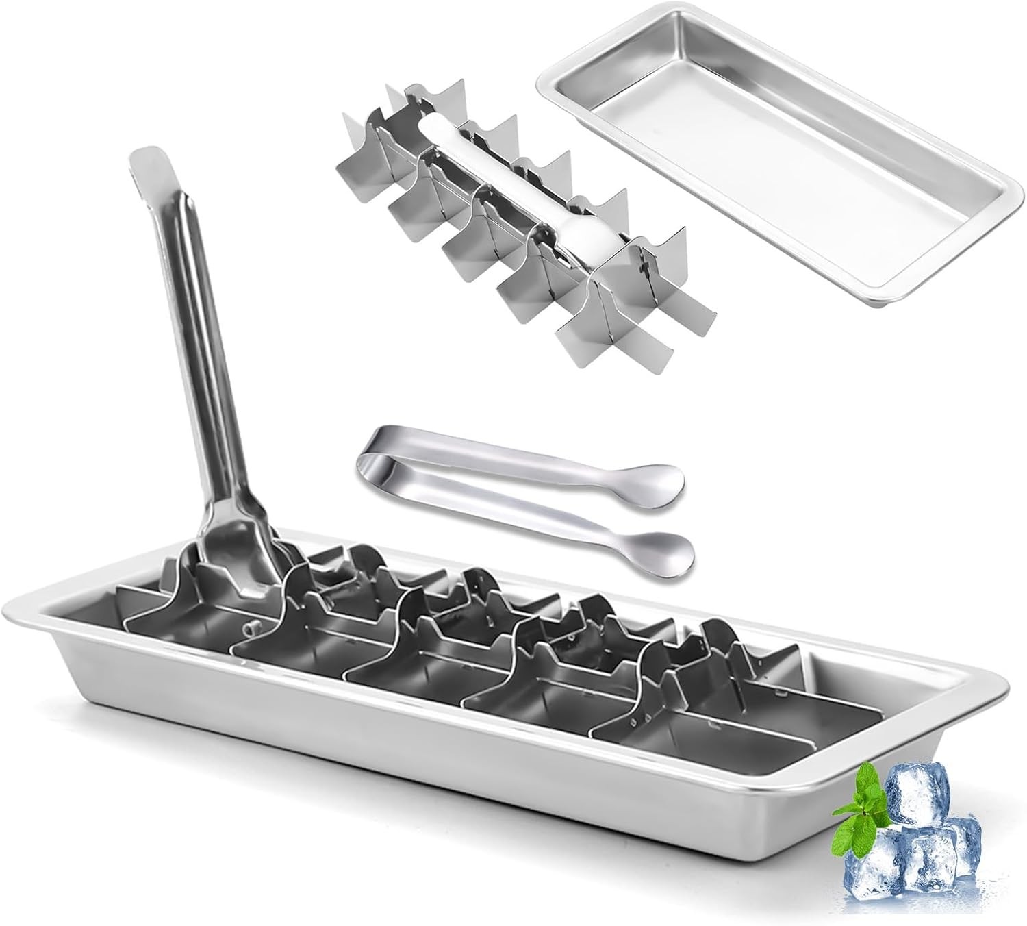 Stainless Steel Ice Cube Tray, Metal Icecube Tray with Lever and Tweezer for