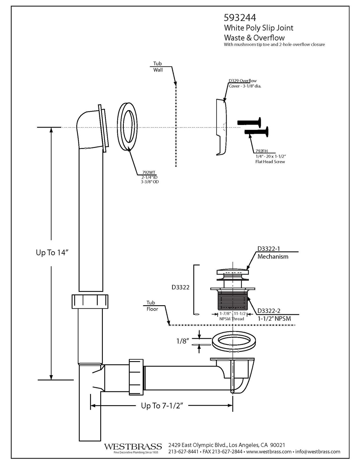 Y593244CP White Tubular Tip-Toe Bath Waste and Overflow Assembly, Polished Ch...
