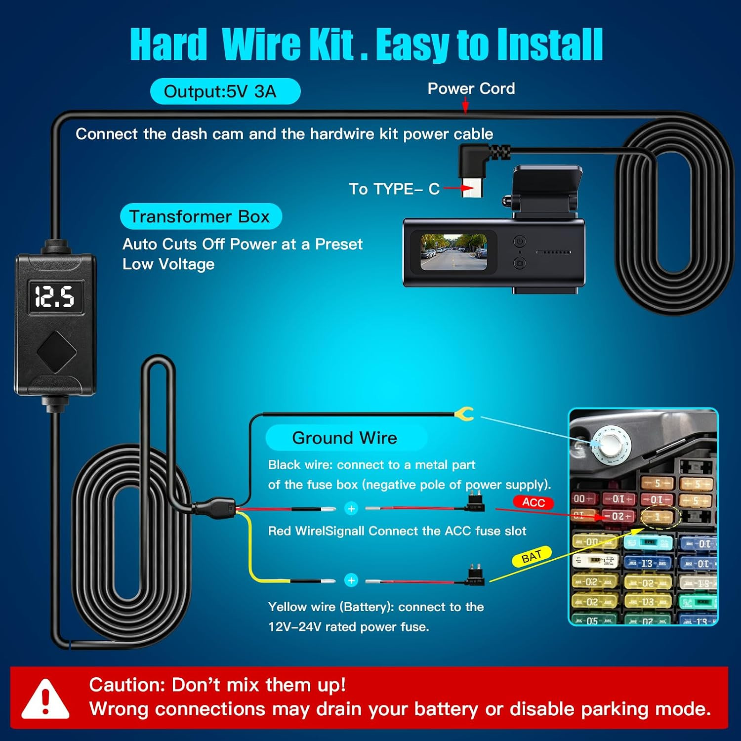 USB-C Dash Cam Hardwire Kit with Acc Detection, LED Display, 4-Level Adjustable