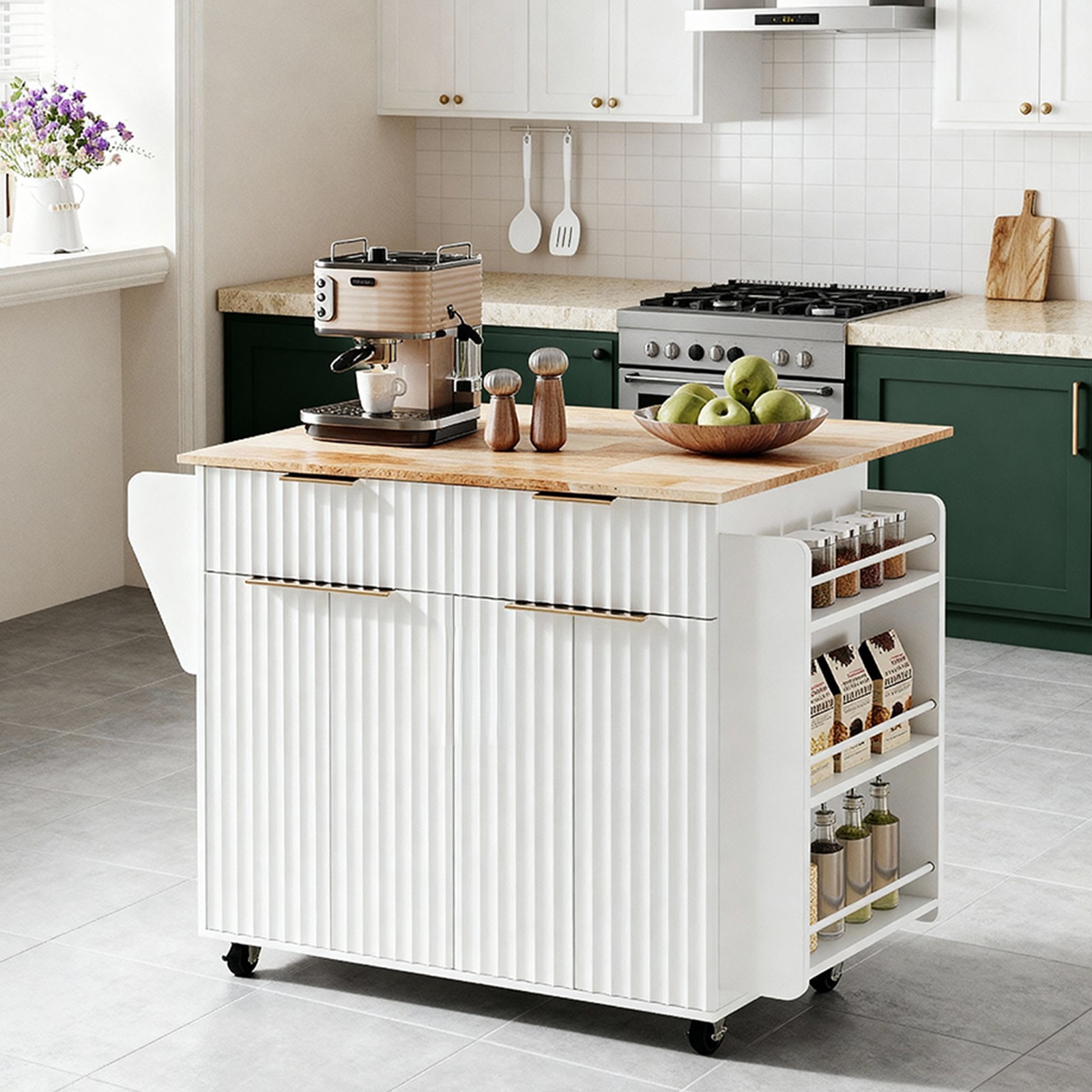 Fluted Kitchen Island Cart on Wheels with 2 Drawers & 4 Doors Adjustable Shelves